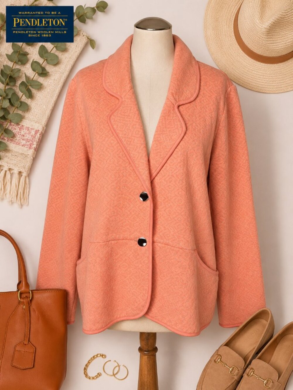 Pendleton XL Coral Pink Geometric Jacquard Knit Blazer Jacket Cotton NWT
